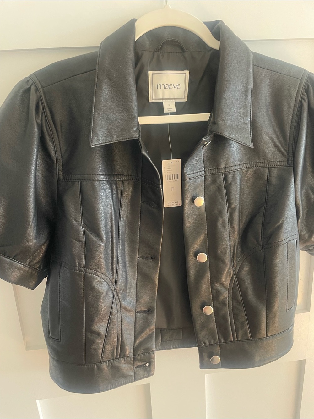 Maeve Black Short-Sleeve Faux Leather Snap-Front Jacket